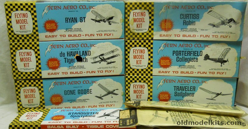 Tern Aero 105 de Havilland Tiger Moth 17 Inch Wingspan / 103 Starduster 18.5 Inch WS /111 Curtiss Robin 18 Inch WS / 107 Porterfield Collegiate 17 Inch WS / 102 Traveler Sailplane 24 Inch WS / 101 Gone Goose 17 Inch WS / 109 Ryan ST 17 Inch WS / (2) 106 Nighthawk S plastic model kit